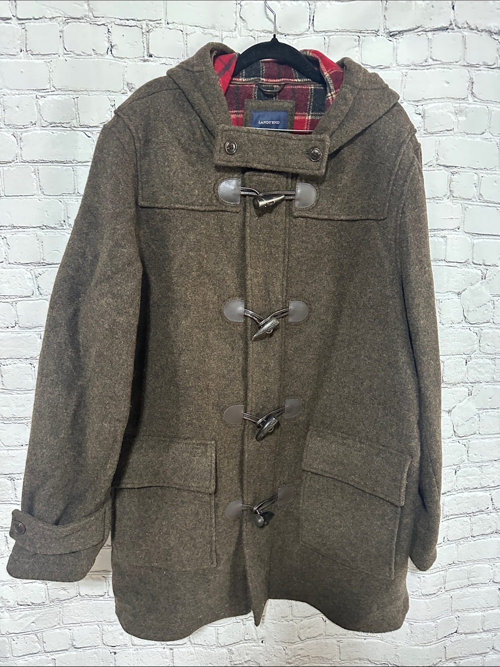 Lands' End Men's Hooded Toggle Pea Coat in Olive with Red Plaid Lining